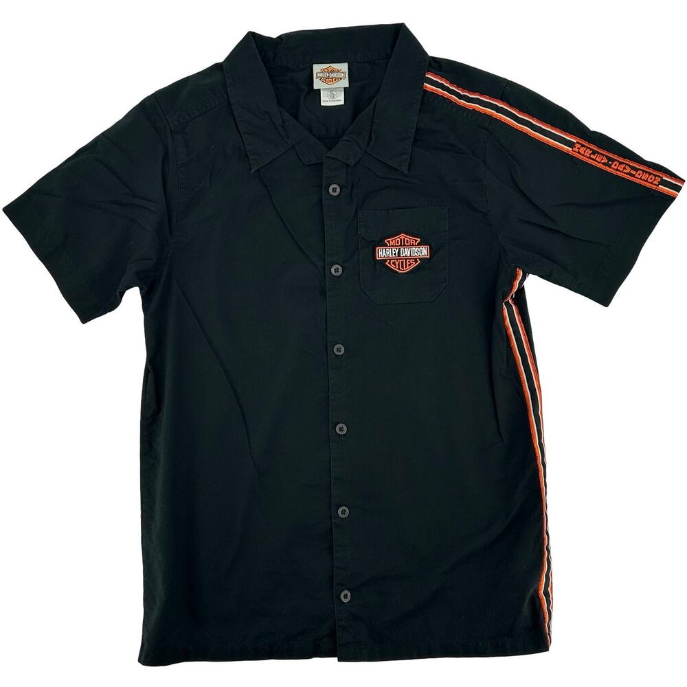 Vintage y2k Youth Black Orange Harley Davidson Motorcycles Button Up Shirt XL